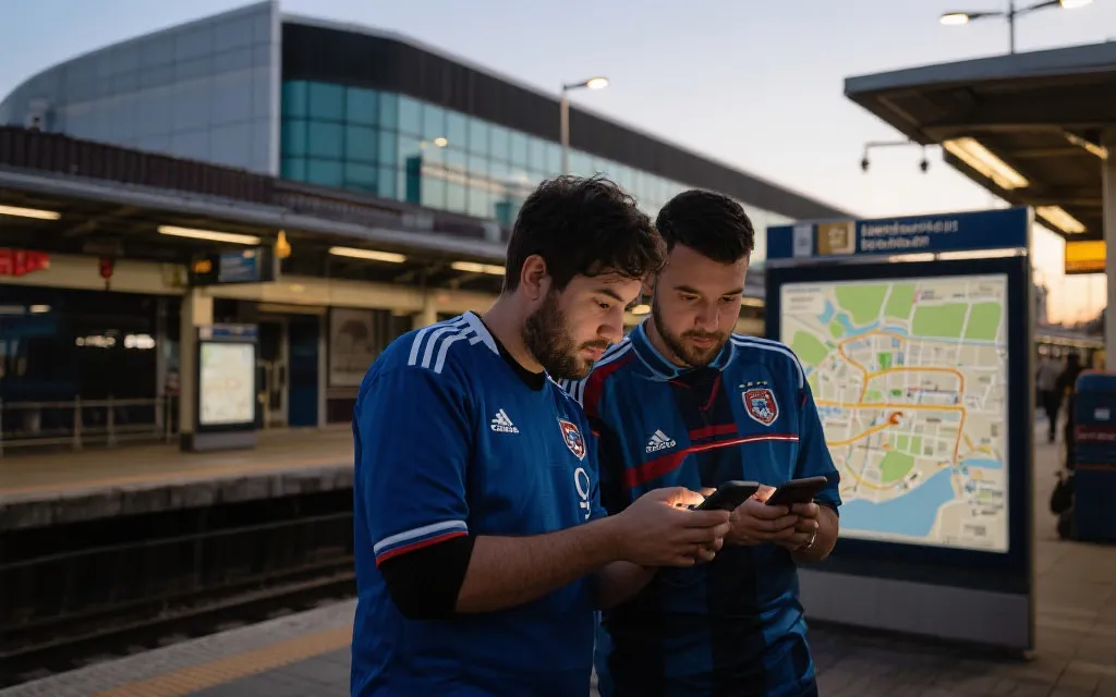球迷在车站查看交通信息与手机流量，准备前往球场的场景