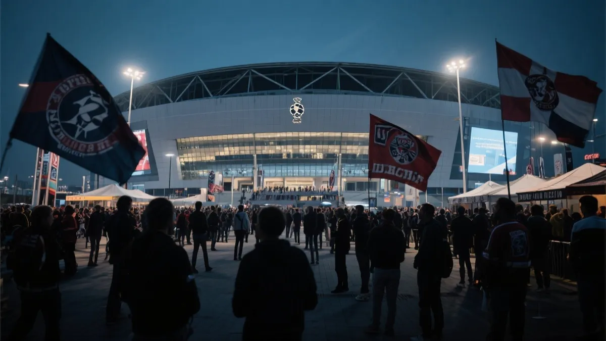 足球决赛夜的球迷广场与城市公共空间，体现多伦多承载大型活动的氛围