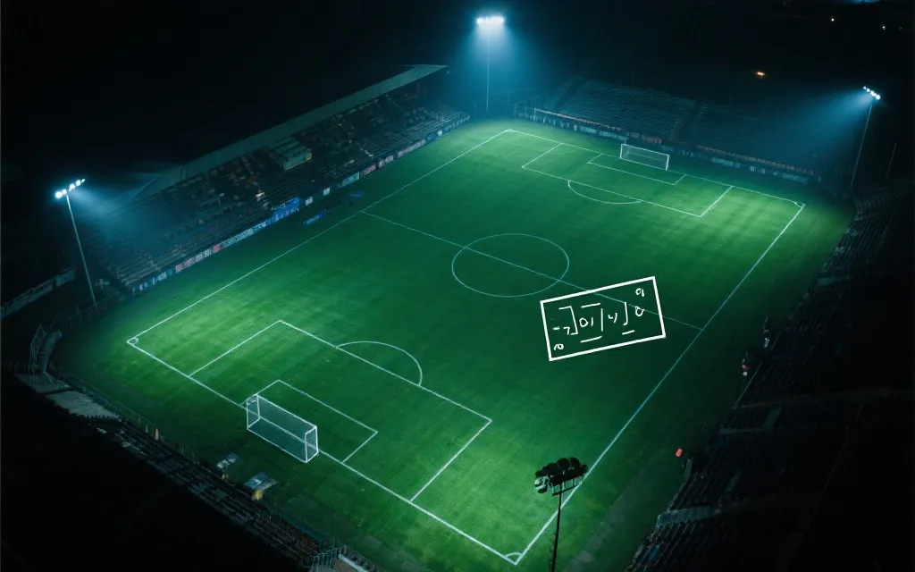 夜间球场灯光下的绿茵场与战术板元素，强调淘汰赛细节影响比分